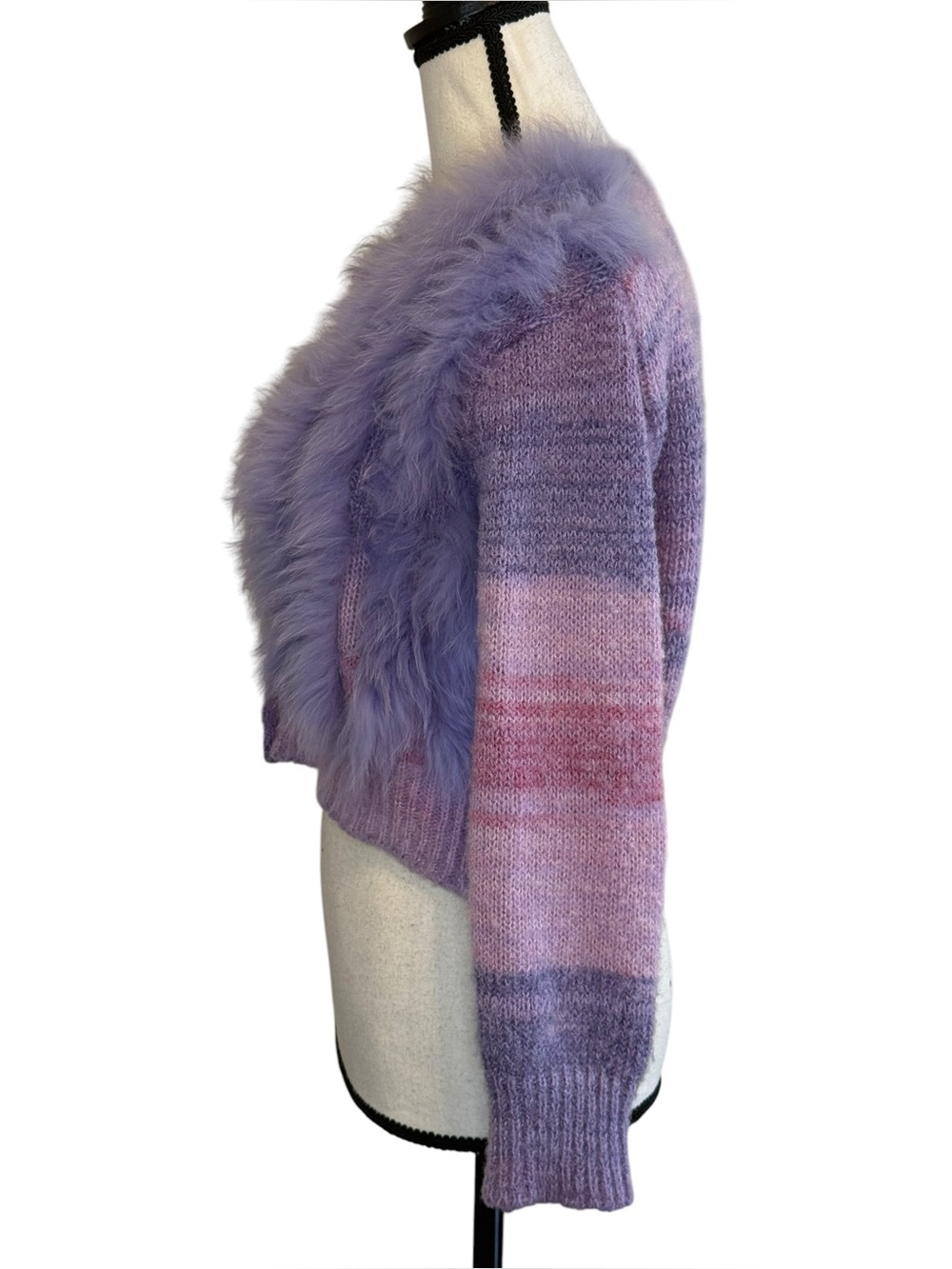 Lavender Feather-Trim Women's Sweater Cardigan - Picture 4 of 4
